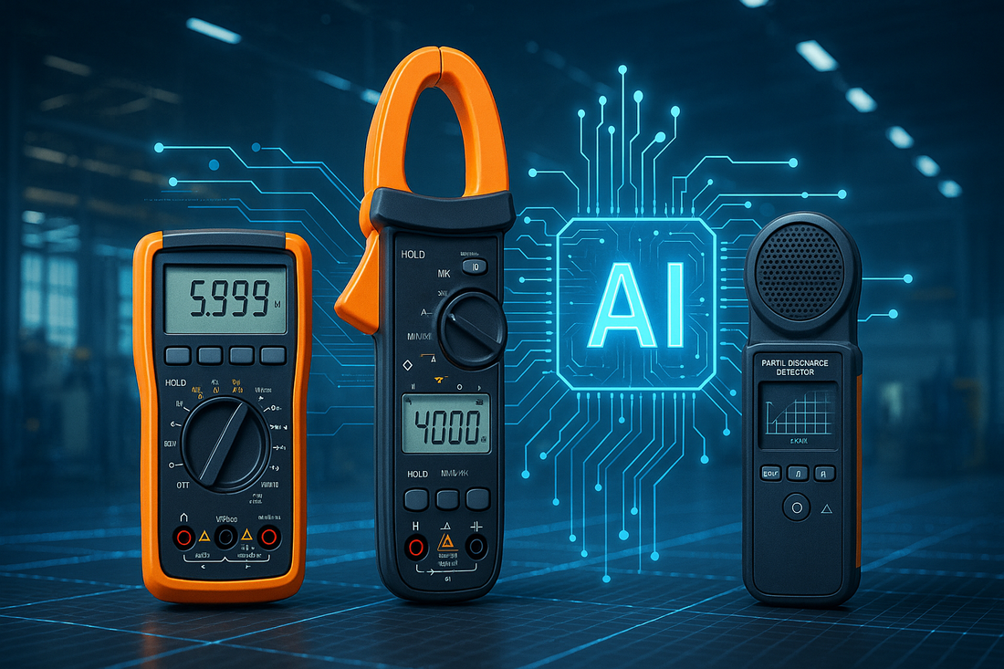 Illustration of digital multimeter, clamp meter, and partial-discharge detector interconnected by glowing AI circuitry in a modern factory setting.