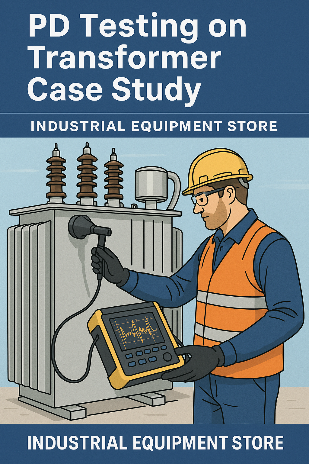 “PD Testing on Transformer Case Study” featuring a technician performing partial discharge measurements on a power transformer, complete with your company name Industrial-Equipment.Store prominently displayed.