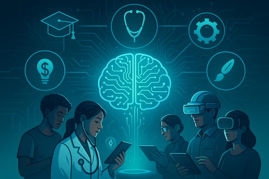Futuristic illustration of a glowing AI brain surrounded by icons for education, healthcare, engineering, finance, and art, with diverse professionals using AI devices.