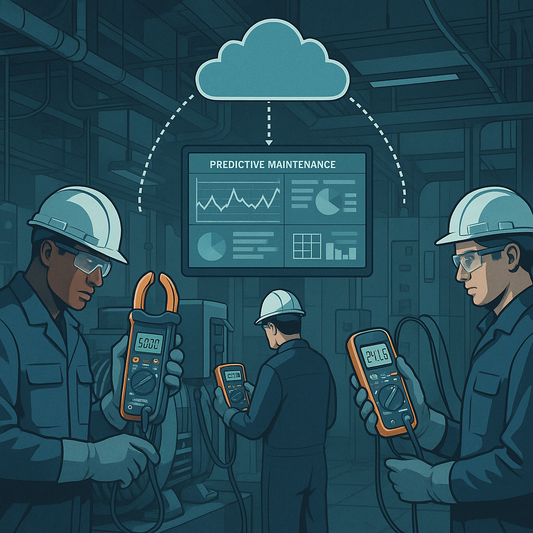 Illustration of technicians using clamp meters and multimeters on factory equipment, with test data uploading to a predictive-maintenance cloud dashboard in an industrial setting.